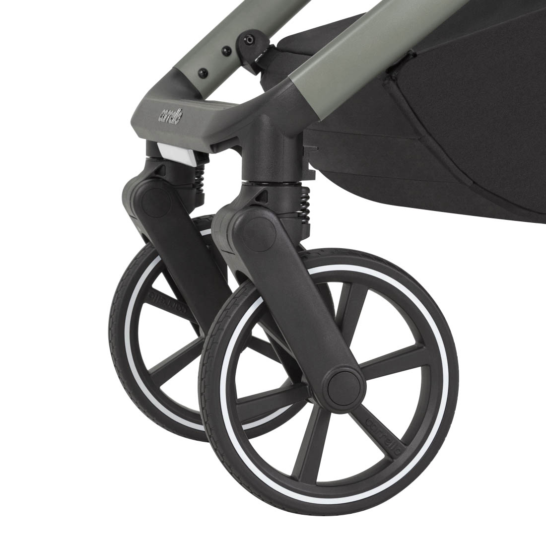Универсальная коляска Omega 2 в 1 Deluxe 2025 ANIM Передние колёса с автоматической фиксацией в положении «прямо», поворотные на 360°. Все колёса быстросъемные.