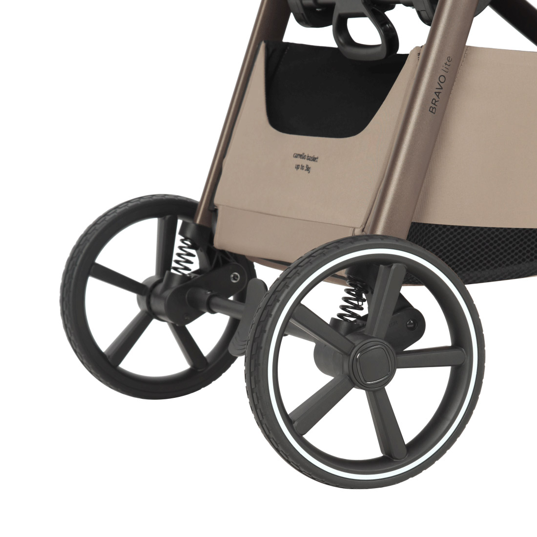 Прогулочная коляска Bravo M/Lite 2025 ANIM Мягкие амортизаторы, износостойкие резиновые покрышки и цепкий протектор служат для уверенного движения по любому дорожному покрытию.
